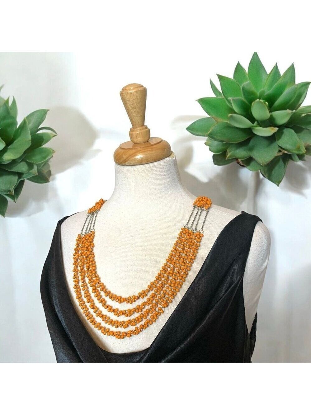 Wooden Bead Necklace Silver Tone Multistrand 30 Inch